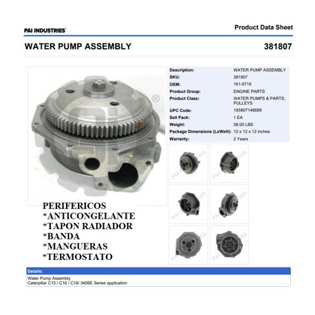 BOMBA DE AGUA 381807 CAT C15 C16 PAI