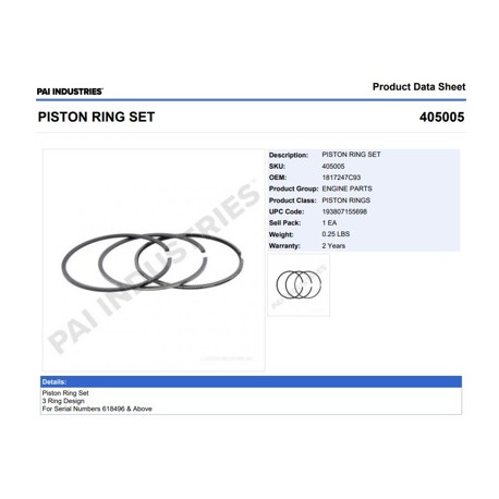 ANILLOS 405005 1-PISTON NAVISTAR DT 466 ANT 1993 Y NGD 408,466 (94-99) PAI