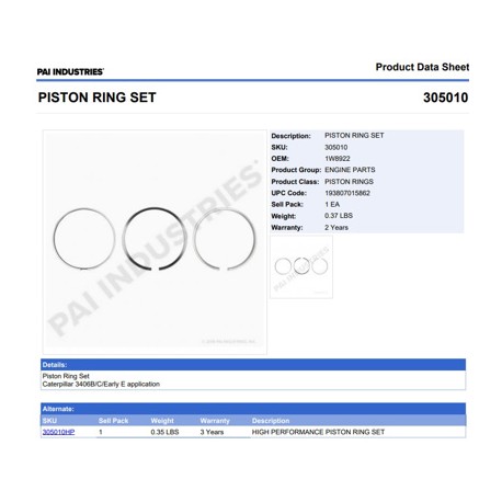 ANILLOS 305010 1-PISTON CAT 3406B, 3406C, 3406E (VER SERIES) PAI