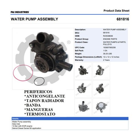 BOMBA DE AGUA 681816 DETROIT S-60 DDEC V, VI C/EGR PAI