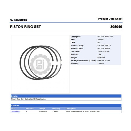 ANILLOS 305046 1-PISTON CAT C10 C12 (VER SERIES) 1979341 2168570 2382704 PAI