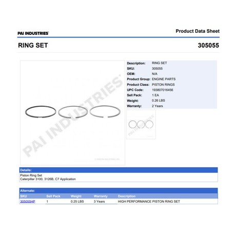 ANILLOS 305055 1-PISTON CAT 3126 3126E 3126B C7 1979386 1979277 1979354 PAI
