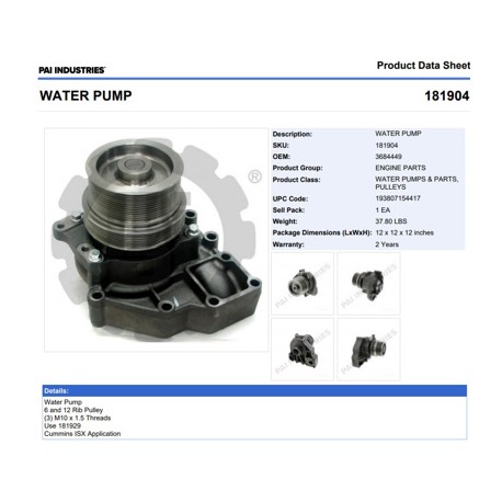 BOMBA DE AGUA 181929 SECC. C/BASE CUMMINS ISX 6/12 RAN. PAI