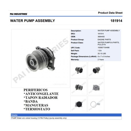 BOMBA DE AGUA 181914 SECC. S/BASE CUMMINS ISX 6/12 RAN. PAI