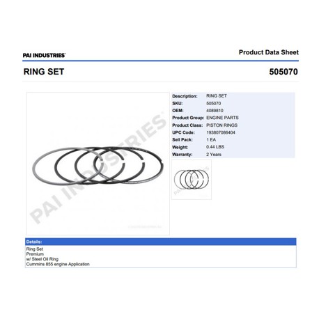 ANILLOS 505070 1-PISTON CUMMINS 4089810 315,350 4 RANURAS PAI