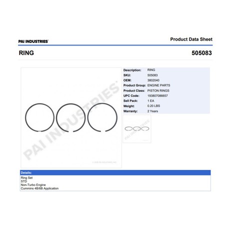 ANILLOS 505083 1-PISTON STD CUMMINS SERIE B S/TURBO 505083 PAI