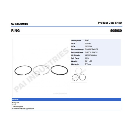 ANILLOS 505080 1-PISTON STD CUMMINS 3802230 SERIE B C/TURBO PAI