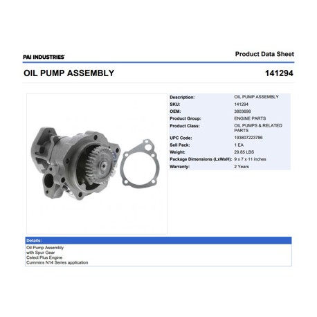 BOMBA ACEITE DIENTE PAREJO CUMMINS N14 CELECT 141294E PAI