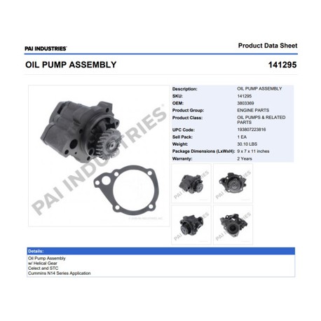 BOMBA ACEITE 141295 D.HELICOIDAL CUMMINS B/C III, IV N14 MECANICO PAI