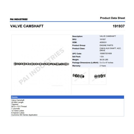 ARBOL LEVAS 191937  P/VALVULAS CUMMINS ISX 4298626 PAI