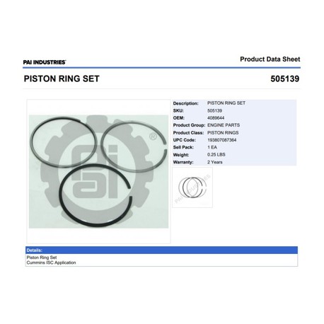 ANILLOS 505139 1-PISTON CUMMINS ISC ISL S/EGR PAI