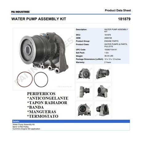 BOMBA DE AGUA 181879 CUMMINS ISX 6/12 RAN. PAI