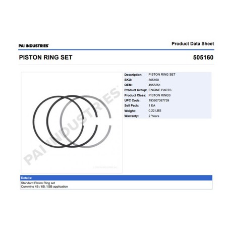 ANILLOS 505160 1-PISTON STD CUMMINS ISB 4.5/6.7 4955366 PAI