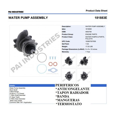 BOMBA AGUA 181883E CUMMINS ISM 3 BARR. FLECHA CORTA EXCEL