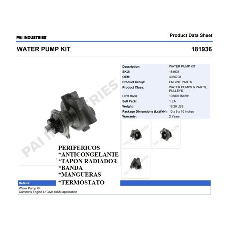 BOMBA AGUA 181936 CUMMINS ISM EGR 3 BARR. FLECHA CORTA PAI