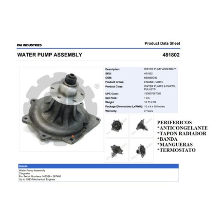 BOMBA DE AGUA 481802 NAVISTAR DT 466 MEC. ANT 1993 LADO RECTO PAI